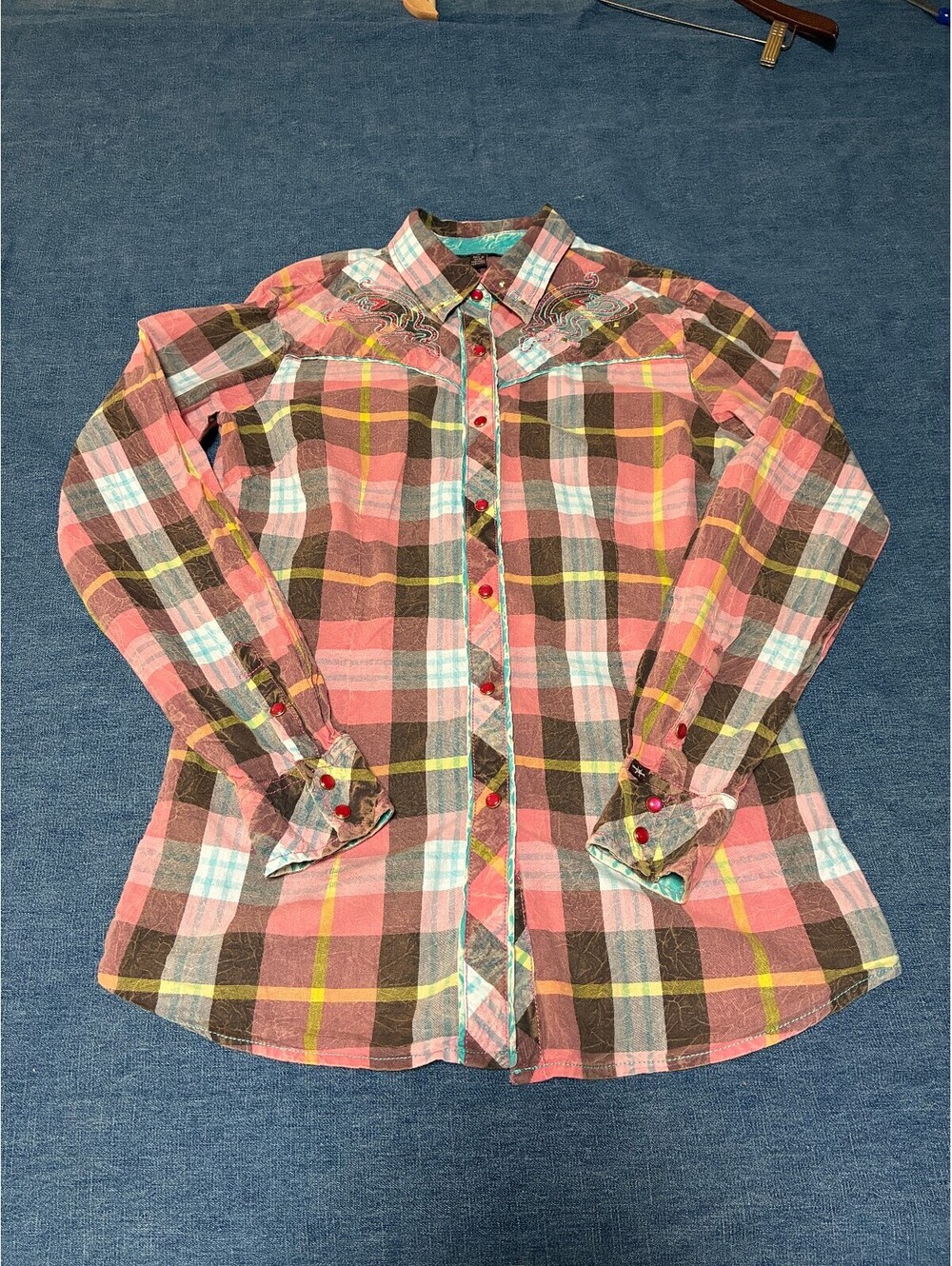 Cowgirl Up Western fitted plaid cotton shirt size M pearl snaps contrast trim